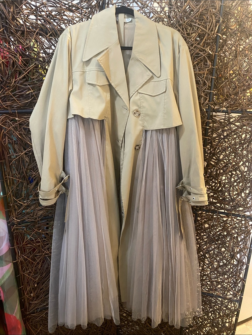 Beige Trench Coat with Tan Tulle Panels